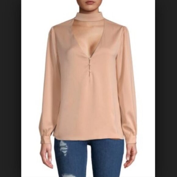 NEW L'Academie The Harper Choker Long Sleeve V Neck Blouse in Rose Pink Sz Small - Picture 14 of 14